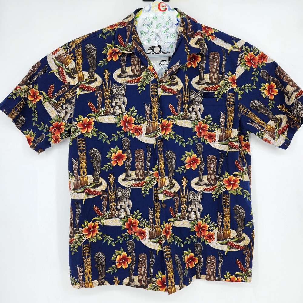 Vintage Kalaheo‎ Shirt Mens Large Hawaiian Button Up Hibiscus AOP Tiki Ki